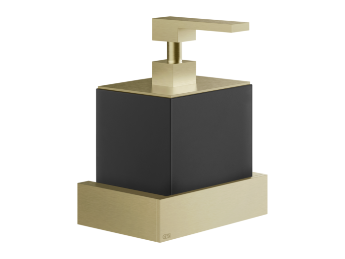 На изображении товар Дозатор для жидкого мыла Gessi Rettangolo, настенный ,  колба черная, цвет Brushed Brass PVD от официального представителя в Москве
