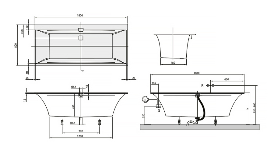 Ванна прямоугольная 1800х800 мм, Villeroy&Boch Squaro Edge 12 белая - изображение 6