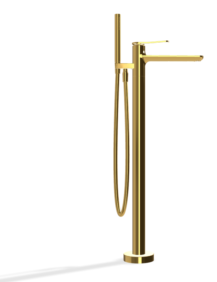 Смеситель для ванны Carlo Frattini Flo, напольный, с переключателем, ручным душем, гибким шлангом хромалюкс 1500 мм, от пола до аэратора Н-783 мм, внешняя часть, цвет золото - изображение 2