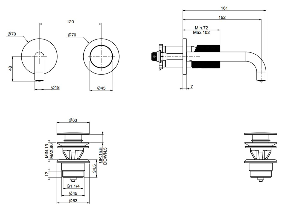 Смеситель для раковины Carlo Frattini Spillo Tech, ручка X Collection, настенный, с донным клапаном Click-Clack, излив 150 мм, внешняя часть, цвет брашированный чёрный хром - изображение 3