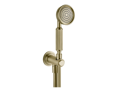 На изображении товар Ручной душ Gessi Venti20, с шланговым подсоединением, держателем, шлангом, цвет Brushed Brass PVD от официального представителя в Москве