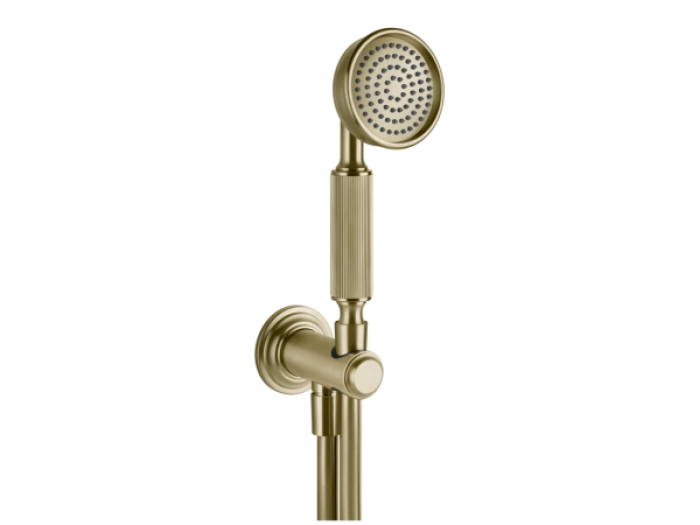 На изображении товар Ручной душ Gessi Venti20, с шланговым подсоединением, держателем, шлангом, цвет Brushed Brass PVD от официального представителя в Москве
