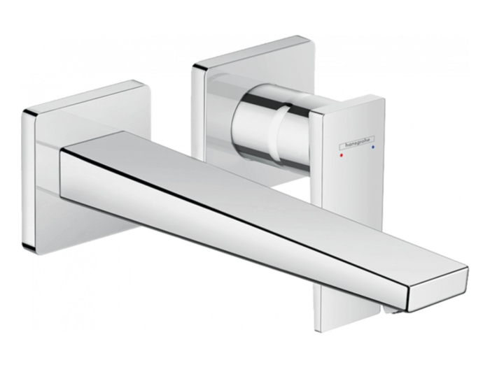 На изображении товар Смеситель для раковины Hansgrohe Metropol, однорычажный, настенный, на 2 отверстия, с донным клапаном, внешняя часть, цвет хром от официального представителя в Москве