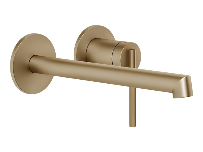 На изображении товар Смеситель для раковины Gessi Ingranaggio, встраиваемый, длинный излив, внешняя часть, цвет Warm Bronze Brushed PVD от официального представителя в Москве