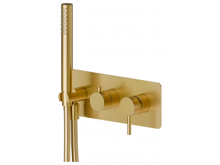 На изображении товар Смеситель для душа Newform X-steel 316, встраиваемый, переключатель на 2 выхода, ручной душ, внешняя часть, цвет PVD Brushed gold от официального представителя в Москве