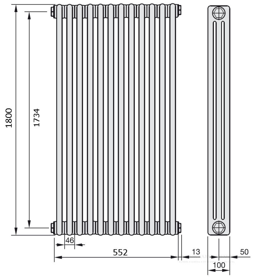 Радиатор отопления Zehnder Charleston 3-трубчатый 3180-12 секций 1800x578x100 , боковое подключение 1270, белый Ral 9016 - изображение 2