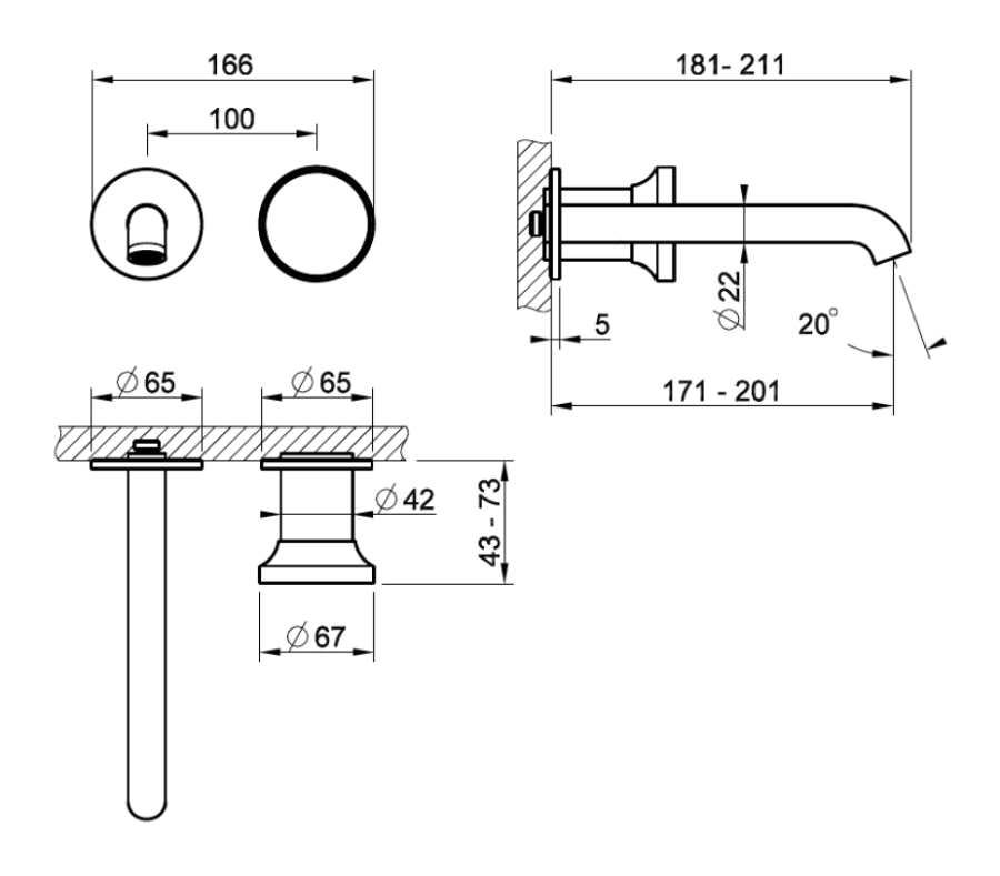 Смеситель для раковины Gessi Origini, настенный, со средним изливом, без донного клапана, цвет Matte Cipria - изображение 2