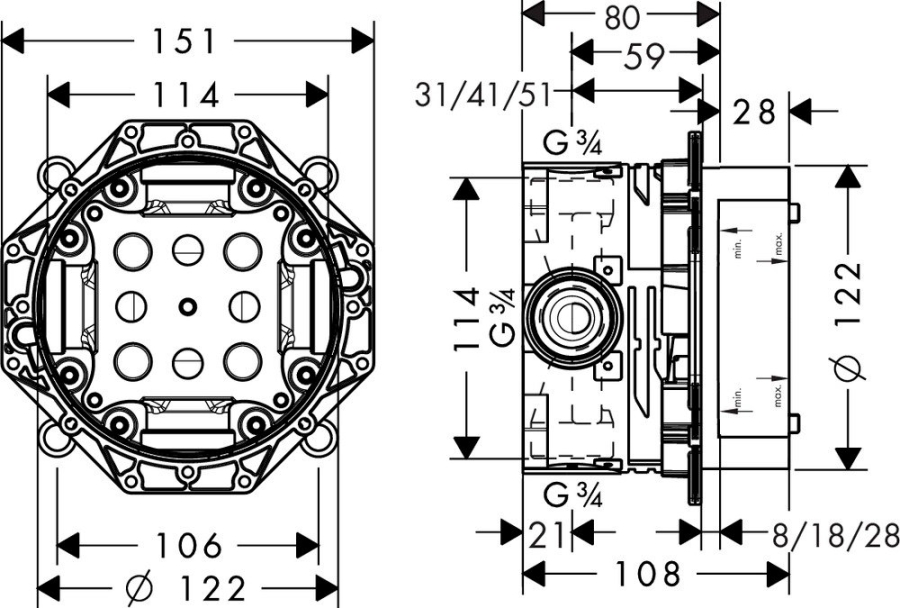 Монтажный блок Hansgrohe iBox universal, для подключения смесителя, скрытая часть ½’/¾’ - изображение 2