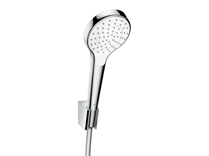 На изображении товар Душевой набор Hansgrohe Croma Select S: ручной душ 1 тип струи, шланг, держатель, цвет белый/хром от официального представителя в Москве