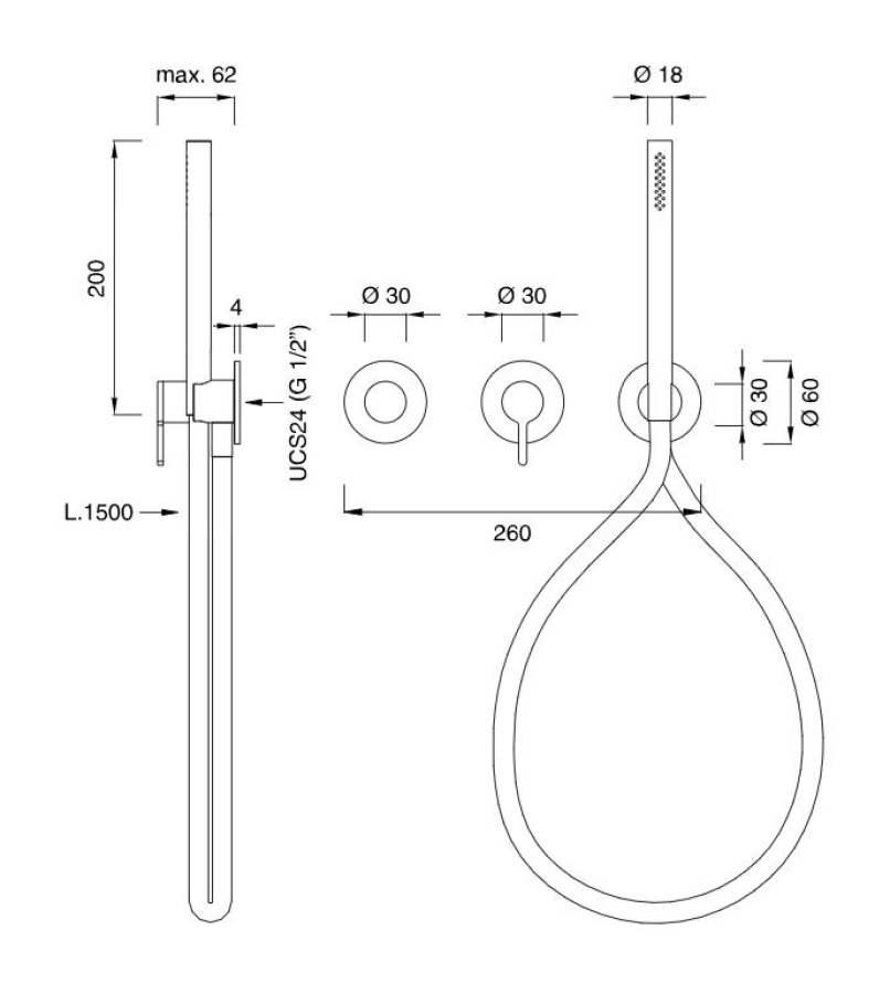 Термостат CEA Design Innovo, настенный, на 3 отверстия, ручной душ  Ø 18 мм, шланг в цвете White, внешняя часть, цвет сатинированная сталь - изображение 2