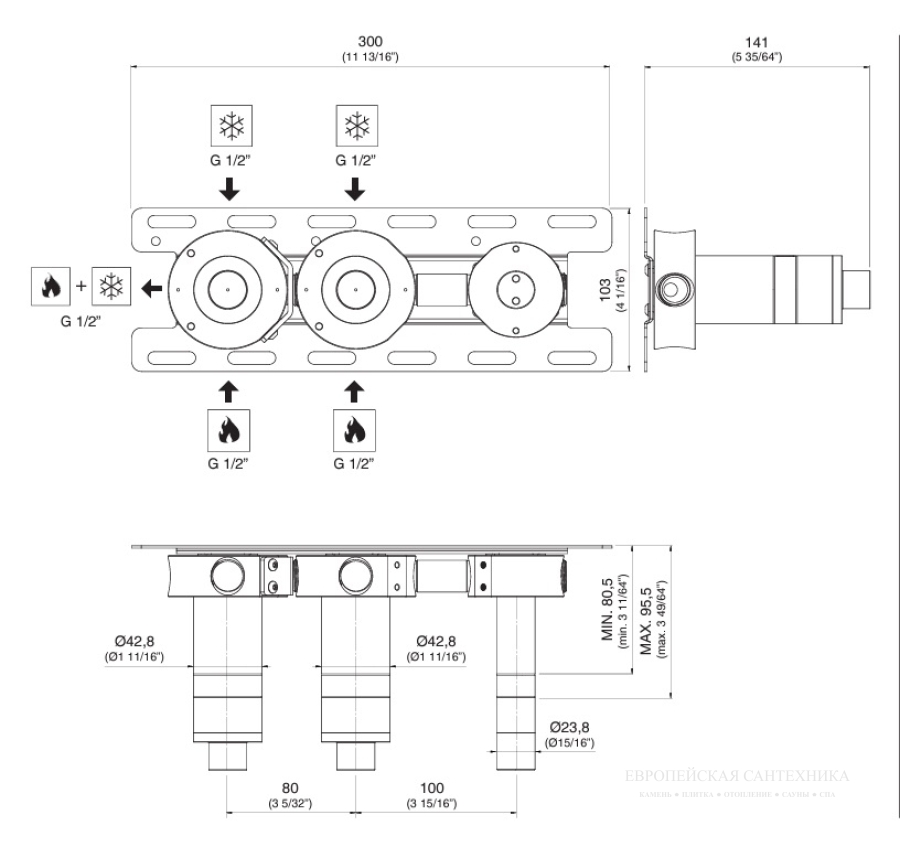 Скрытая часть CeaDesign BUILT-IN PARTS для настенного комплекта из 2 прогрессивных смесителей для ванны/душа с ручным душем, PTR 04 - изображение 1