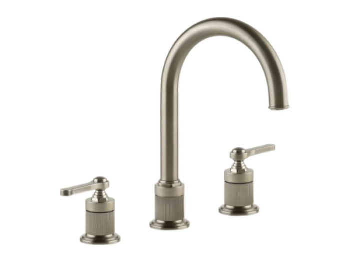 На изображении товар Смеситель для раковины Gessi Venti20, двухрычажный, зонтичный, с соединительными шлангами, без донного клапана, глубина 212 мм, цвет Finox Brushed Nickel от официального представителя в Москве