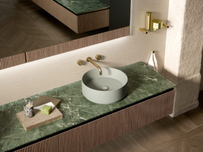 Композиция №8 Oasis Naos Комплект мебели 245х56xh32см, подвесной, мраморный топ verde alp, цвет: золото матовое/орех трубчатый