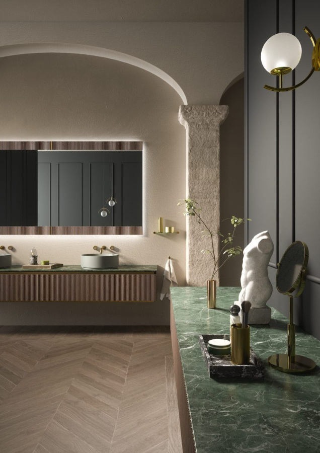 Композиция №8 Oasis Naos Комплект мебели 245х56xh32см, подвесной, мраморный топ verde alp, цвет: золото матовое/орех трубчатый - изображение 1