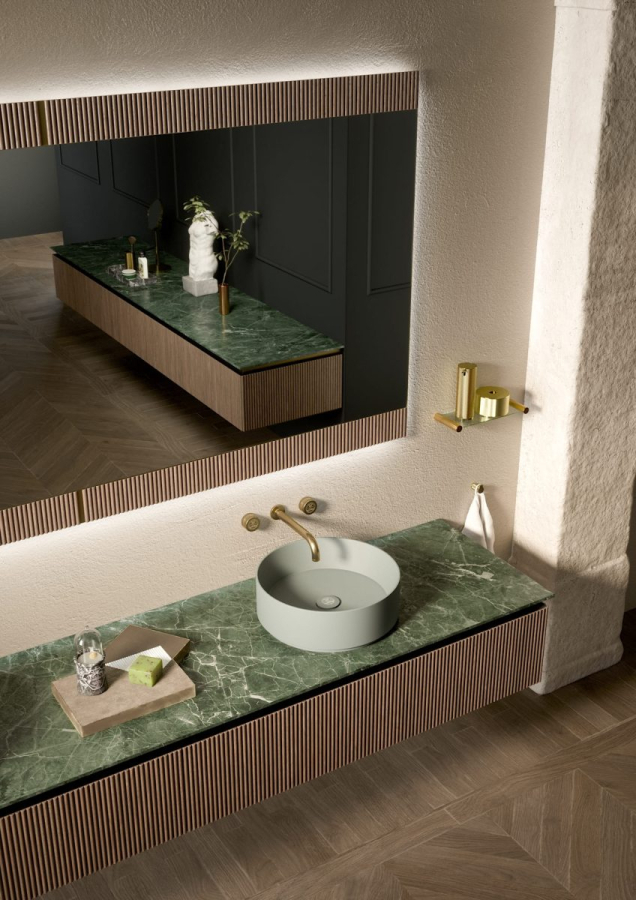 Композиция №8 Oasis Naos Комплект мебели 245х56xh32см, подвесной, мраморный топ verde alp, цвет: золото матовое/орех трубчатый
