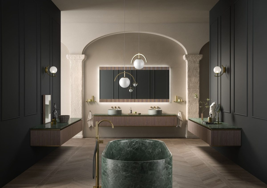 Композиция №8 Oasis Naos Комплект мебели 245х56xh32см, подвесной, мраморный топ verde alp, цвет: золото матовое/орех трубчатый - изображение 2