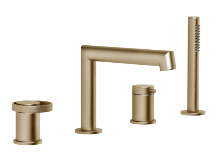 На изображении товар Cмеситель для ванны Gessi Anello, с изливом и ручным душем, цвет Warm Bronze Brushed PVD от официального представителя в Москве